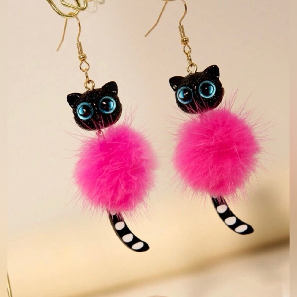 Beautiful Black Cat Pink Pom Earrings